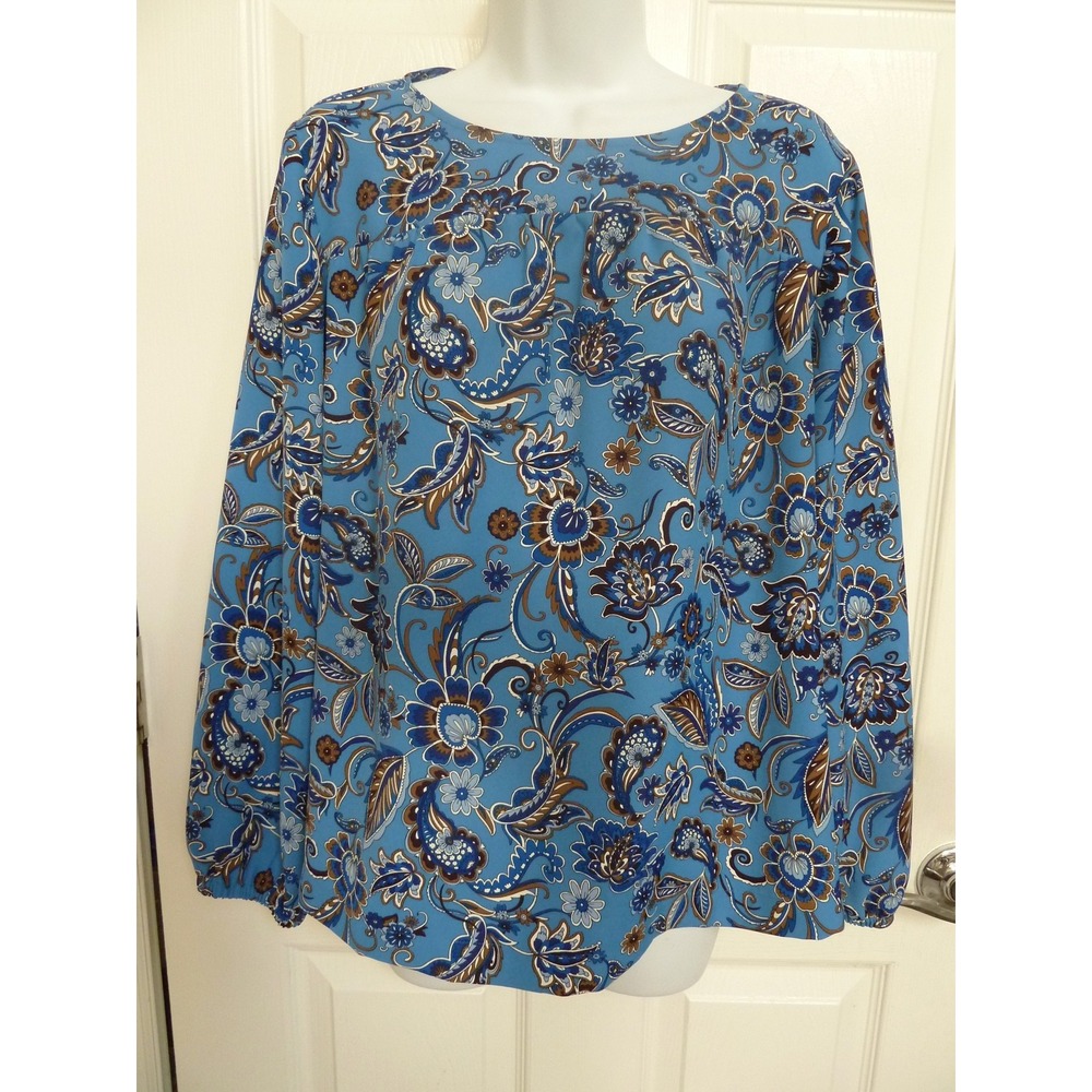 J. Jill Wearever Floral Balloon Sleeve Blouse Blue Black White Petite Medium MP